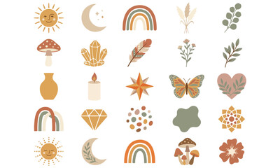 Fototapeta premium Mystical Boho Celestial Magic and Botanical Vector Sticker Set