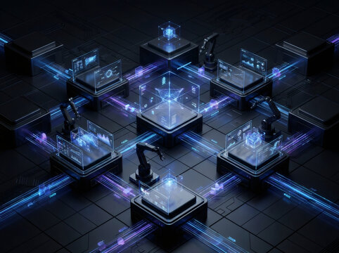 Isometric futuristic view of a multi-agent AI collaboration system with robotic arms and digital data networks in an automated factory