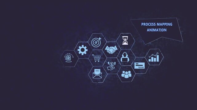 Business process mapping animation featuring interconnected hexagonal infographic for corporate strategy, digital workflow management, data analysis, and modern organizational planning