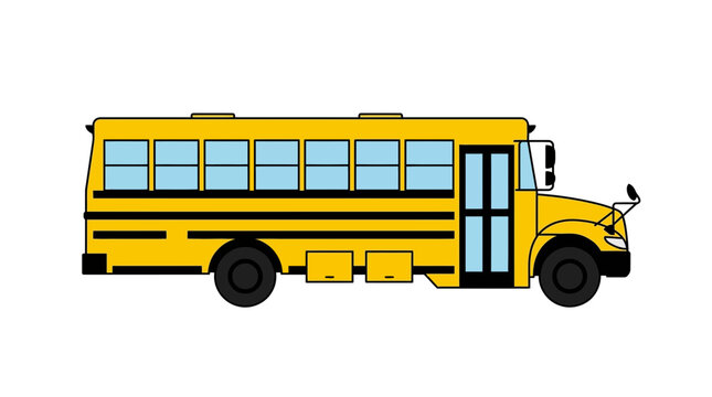 Yellow school bus vector illustration featuring flat design elements with bold black lines and simple shapes for educational graphic projects