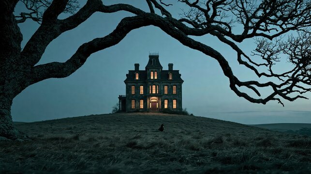Spooky haunted mansion sitting atop a dark hill under an eerie twilight sky with old trees