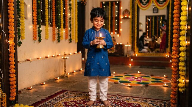 Young Indian boy in traditional blue kurta holding a diya during Diwali festival celebration