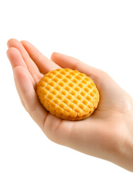 Close up of a human hand holding a round golden shortbread biscuit cookie with a textured waffle grid pattern isolated on a white background, showcasing sweet bakery snack
