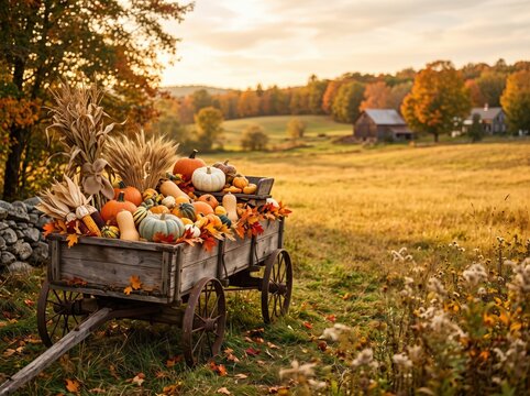 Autumn harvest in a rustic wagon with pumpkins and gourds in a field at sunset, thanksgiving concept, copy space