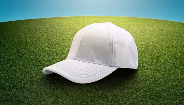 white baseball cap blank mockup on grass golf course outdoors minimalist sporty headwear apparel accessory empty green background hat plain sporty uniform mock up marketing advert isolated plain