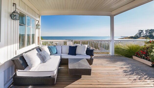 modern beach coastal veranda porch sofa pillows lounge white paint natural timber wood deck roof hamptons luxury bbq backyard patio house resort vibes contemporary cape cod summer home outdoor living