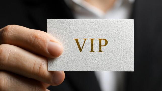 Close up of a businessman hand holding a premium textured white business card with golden embossed VIP text, symbolizing luxury status exclusivity and premium service