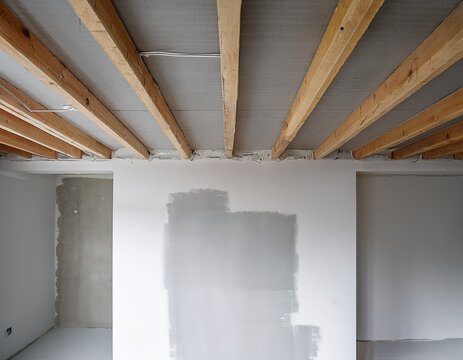 white coated concrete wall after primer application with unpainted gray sections below and ceiling beams at the top featuring a textured surface