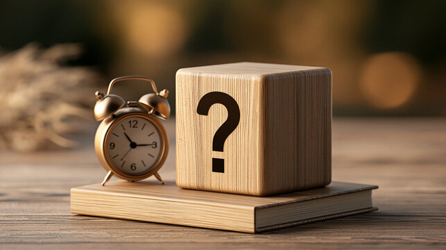A wooden cube with a question mark sits on a book beside an alarm clock. Symbolizes time management and decision making.