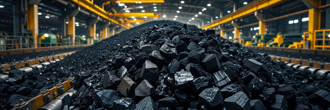 Massive pile of black coal chunks processed in an industrial facility