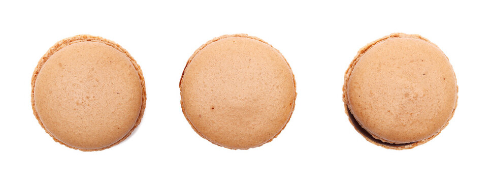 Set baked product, cookies with filling and coconut cream isolated on white background, top view