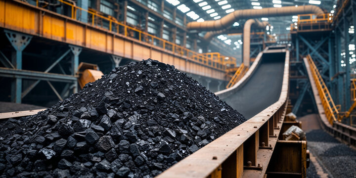 Industrial conveyor belt transporting a large pile of black coal in a factory