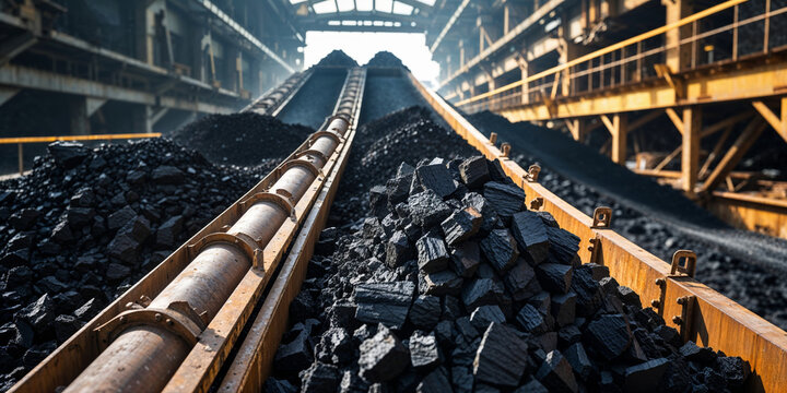 Industrial conveyor belt transporting large quantities of black coal in a processing facility