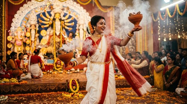 A joyful indian woman performs a ritual with burning incense pots during a durga puja celebration indoors festival burner offering worship ceremony