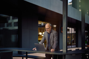 Fototapeta premium Smiling mature businessman working laptop outdoors.