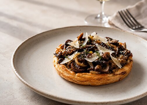 Gourmet stuffed savory pancake with caramelized onions and mushrooms served on white plate