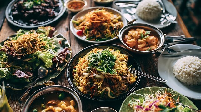 Wooden table with various cooked dishes, fresh herbs, and spices