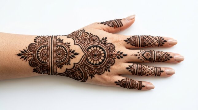 Intricate henna design adorns the back of a human hand and wrist against a plain white background mehndi floral ornament pattern temporary