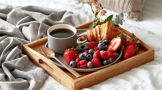 Wooden tray with fresh strawberries, mint, and cream on linen tablecloth