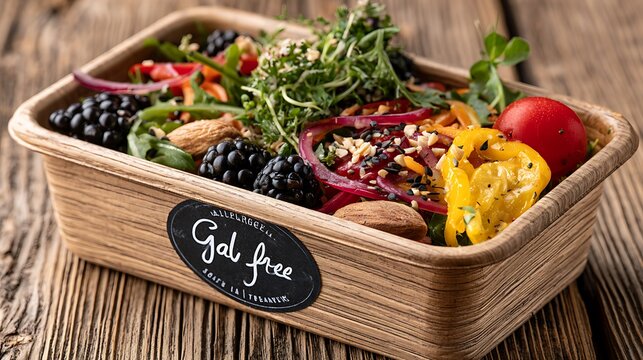 Wooden tray with gluten-free salad, cherry tomatoes, avocado, and greens