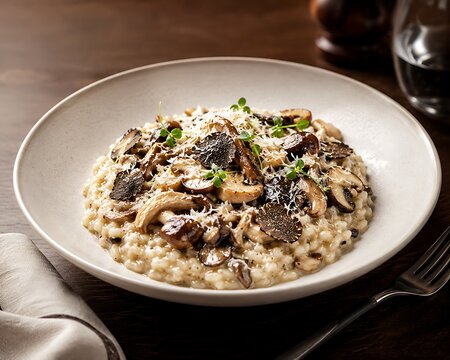 Gourmet mushroom risotto served in white bowl with fresh herbs and parmesan on wooden table