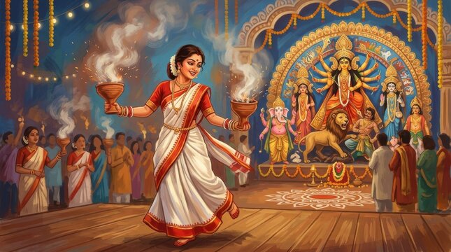 A detailed digital painting depicts a durga puja celebration with a woman holding oil lamps in front of goddess durga indian festival