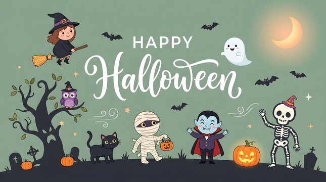 Happy Halloween banner with cute cartoon characters and monsters