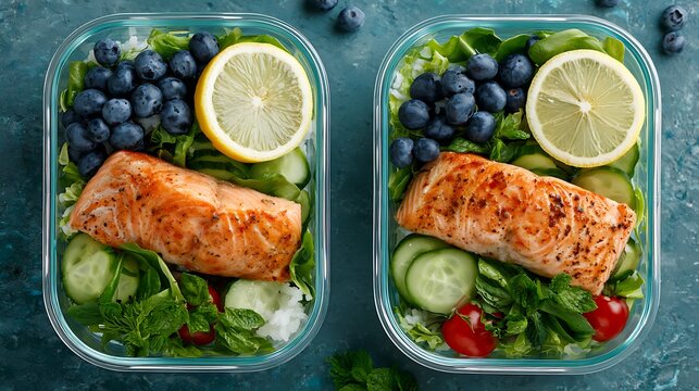 Wooden tray with grilled salmon, fresh vegetables, and lemon wedges