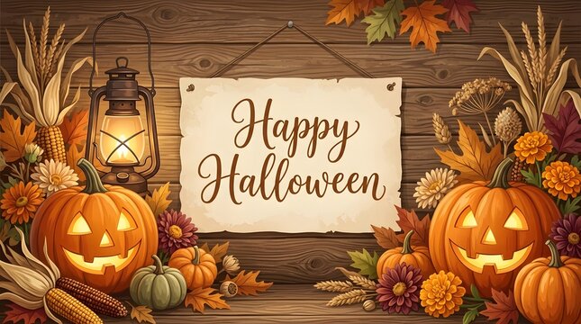 Happy Halloween wooden sign with glowing pumpkins and autumn decor