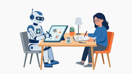 Fototapeta premium Robot and human collaborating on a digital design project using a tablet and notebook at a desk
