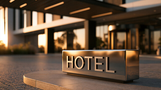 Modern hotel sign on a stone entrance at sunset. Luxury travel branding and hospitality concept.