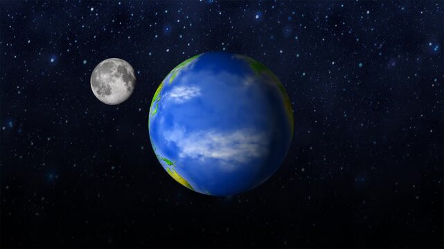 High-resolution 4K video featuring a medium shot of planet Earth spinning gracefully in the universe accompanied by the Moon, ideal for documentaries and educational space themes.