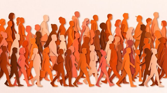 Large crowd of diverse people walking in unison with silhouette diversity movement lifestyle togetherness abstract illustration