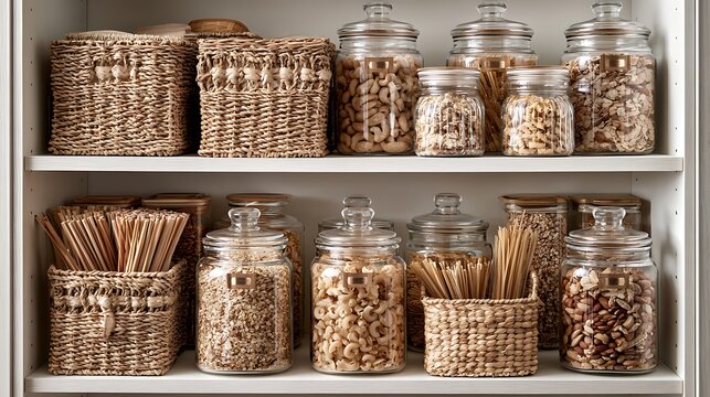 Woven bamboo baskets with intricate patterns, natural textures, and earthy tones