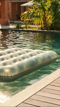 Floating inflatable mattress on clear blue swimming pool water at a tropical resort during a bright sunny afternoon vacation summer relaxation leisure luxury
