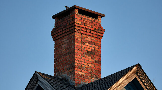 A red brick chimney stands against a clear blue sky. It is perfect for home construction and property maintenance.