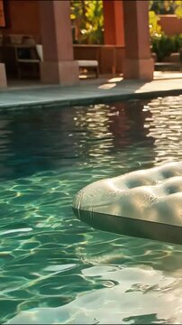 Close up of an empty inflatable mattress floating on tranquil blue resort swimming pool water at sunset relaxation leisure vacation summer sunlight