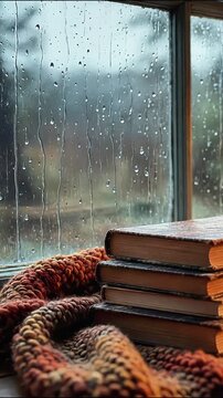 Stack of old books resting on a cozy knitted blanket by a window on a rainy grey day reading literary rain autumn fall reading literary rain autumn fall