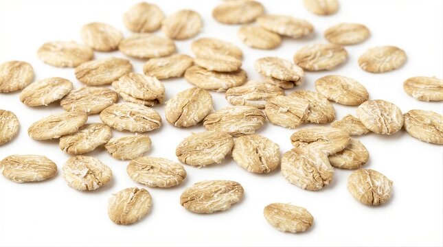 Rolled oats scattered on white surface close up texture background
