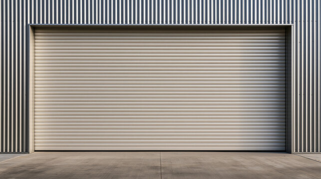Closed industrial warehouse roller shutter door. Concept for logistics, shipping, secure storage, and commercial.