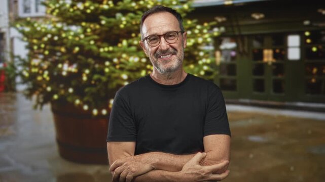 Man arms crossed smiling by a lit christmas tree in a planter on a wet street, wearing glasses and black t shirt; holiday warmth contentment.