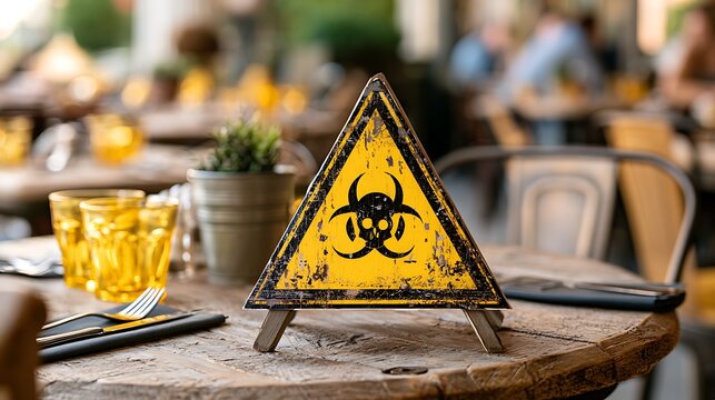 Yellow warning triangle with exclamation mark on rustic wooden surface
