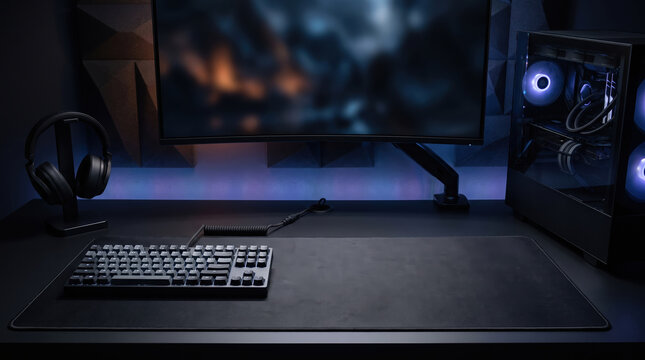 Gaming PC Setup with Monitor and RGB Keyboard Dark Room Photography
