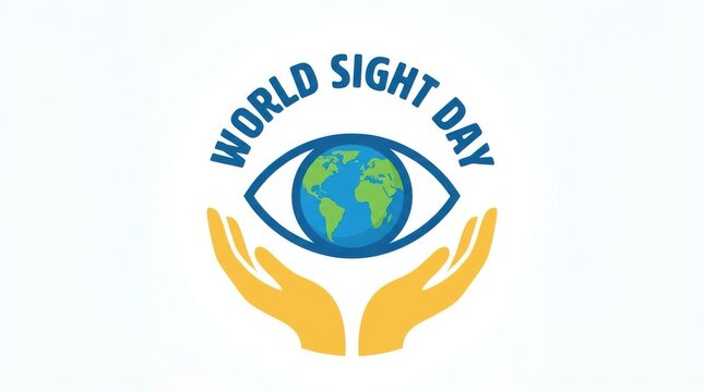 A colorful vector illustration depicts an eye containing a world globe cradled by two yellow hands awareness healthcare ophthalmology planet protection sight