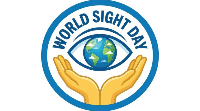 A colorful vector illustration depicts an eye containing a world globe cradled by two hands within a circular frame awareness healthcare medical