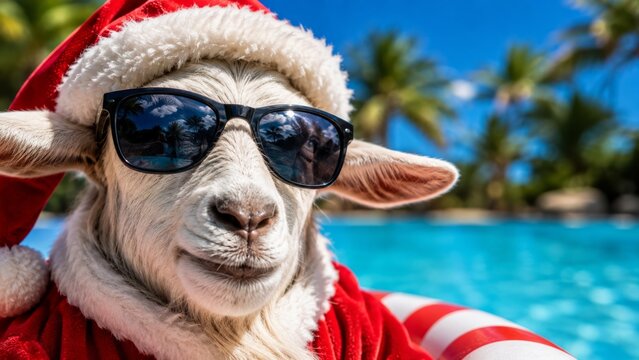 Playful goat wearing santa hat and sunglasses, floating in a swimming pool with a colorful inflatable ring, perfect for a funny christmas holiday theme or summer vacation. Fire Goat 2027