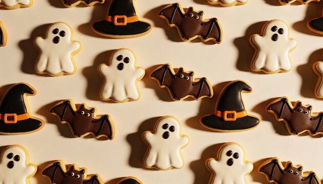 Halloween cookies pattern background, spooky ghost shaped biscuits, sweet chocolate bat pastries, cute witch hat bakery dessert, festive autumn party snacks, delicious flatlay treat top view.