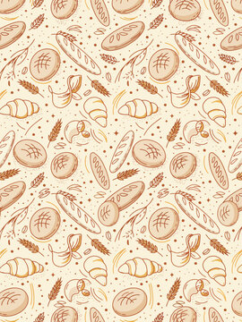 Seamless bakery pattern with hand-drawn bread, croissants, and wheat stalks