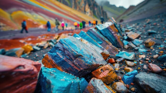 Unidentified visitors exploring a colorful mountain in a scenic location