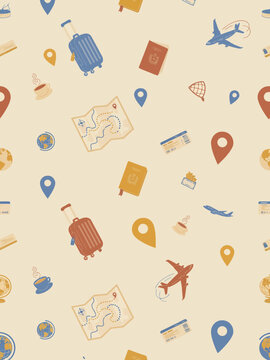Seamless travel pattern with suitcases, airplanes, maps, and location pins